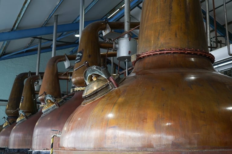 Giant copper pot stills in a craft distillery, showing the art of small batch distillation