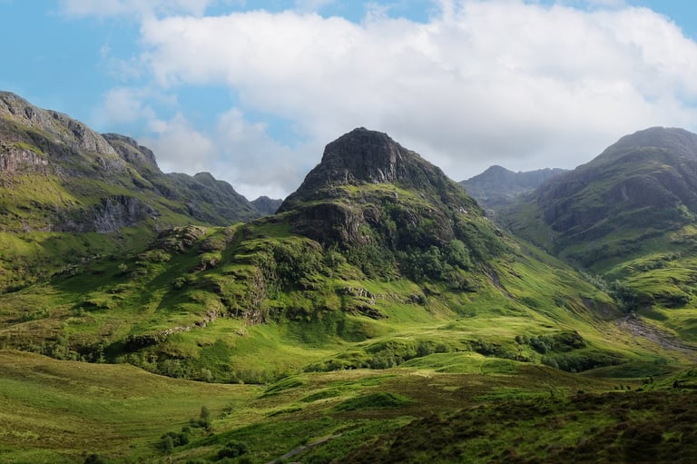 Bidean nam Bian mountain range, also known as the Three Sisters of Glencoe, showing Gearr Aonach, Glencoe valley, Scotland, UK