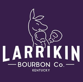 Larrikin Bourbon Co. logo featuring a line-drawn cow holding a bottle on a dark purple background