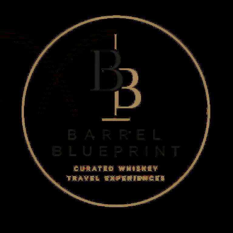 Barrel Blueprint logo with gold circle border on black background, featuring curated whiskey travel experiences