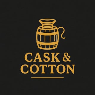 Cask and Cotton logo featuring a wooden barrel with handle in gold on a dark background