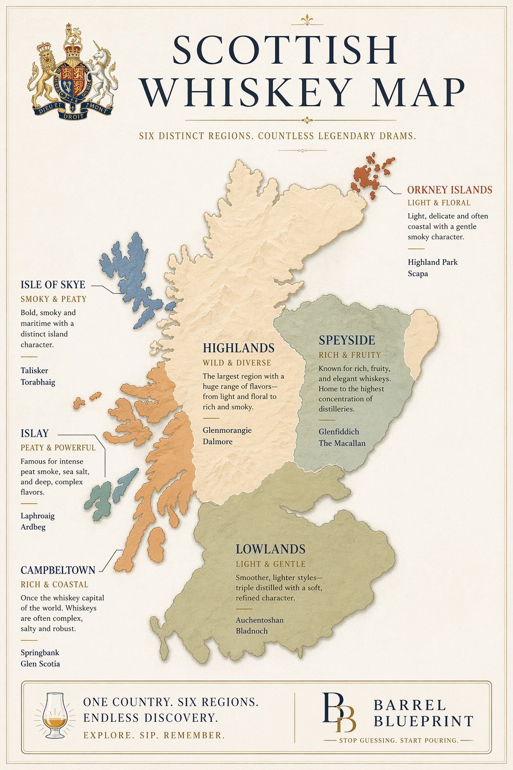 Map of Scotland showing six whiskey regions: Highlands, Speyside, Islay, Campbeltown, Lowlands, Isle of Skye, and Orkney Islands with their characteristics.