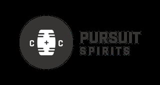 Pursuit Spirits logo featuring a circular gray badge with a white bottle icon and brand name in dark gray text